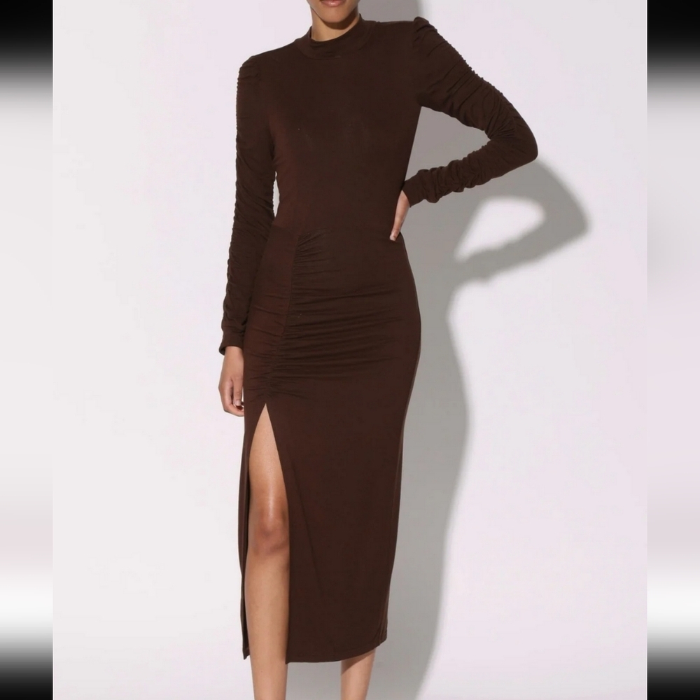 Walter Baker‎ Cocoa Connie Dress Ruched Mock Neck Long Sleeve Womens Small New